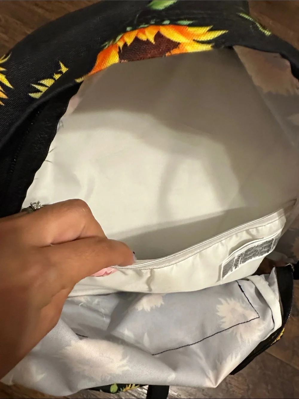 Jansport Black Backpack with Yellow Sunflower Print